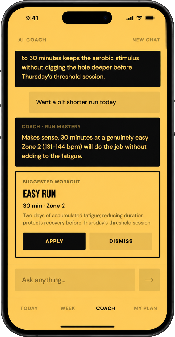 The Run Mastery app coach chat, asking the AI coach about a session