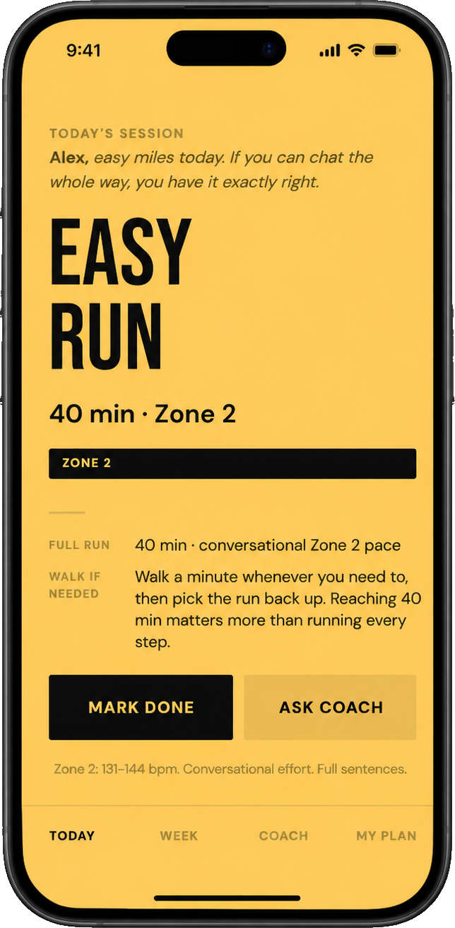 The Run Mastery app showing today's session, an easy Zone 2 run